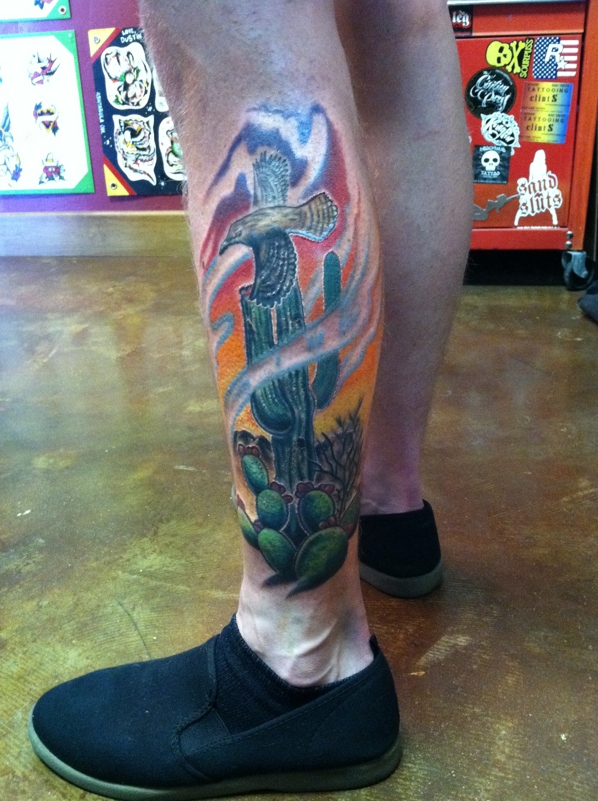 custom_saguaro_prickly_pear_cactus_wren_arizona_desert_sunset_leg_tattoo_by_david_meek_tucson_arizona