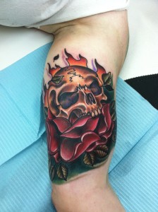 tough_manly_sexy_hot_custom_realistic_traditional_illustrative_skull_rose_and_flame_inner_arm_tattoo_david_meek_true_til_death_tattoo_compay_ashtabula_ohio