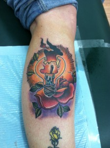 cool_custom_realistic_traditional_illustrative_lightbulb_candle_flame_and_rose_leg_tattoo_david_meek_tattoos_true_til_death_tattoos_ashtabula_ohio