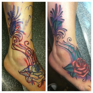 Red Rose cover up foot tattoo