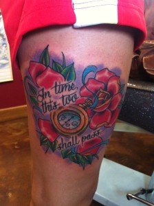Neo Traditional Pocket watch and Rose Thigh Tattoo By David Meek at Fast Lane Tattoo in Tucson Arizona
