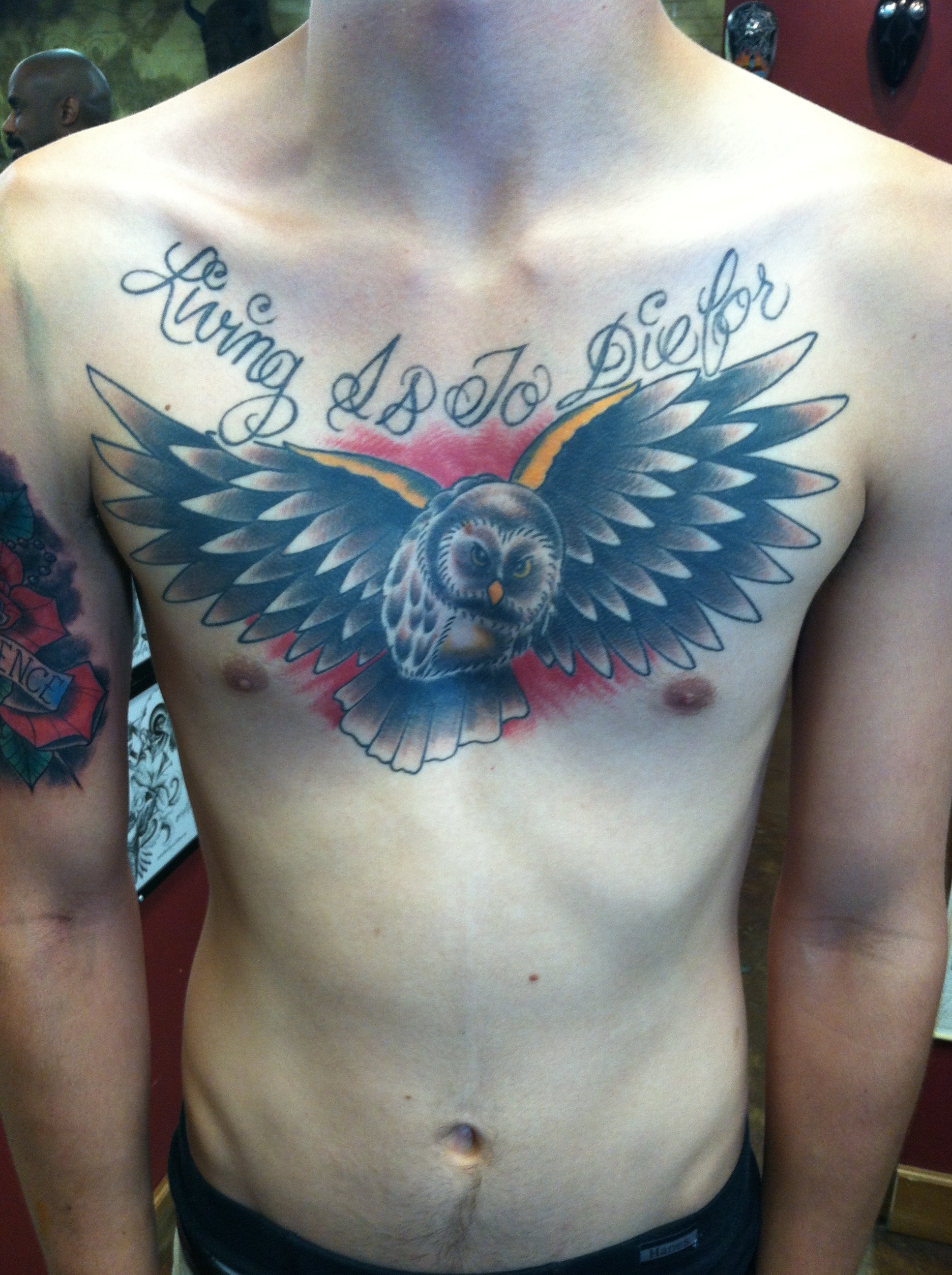 brown owl tattoo with red background on a chest