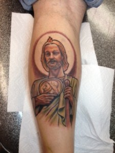 Illustrative St Jude religious color leg tattoo by David Meek at Fast Lane Tattoo Tucson Arizona Bishop rotarty eternal ink and kingpin tattoo supply