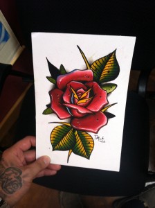  6x9 original spitshade watercolor rose tattoo flash painting by David Meek Tattoos of Fast Lane Tattoo in Tucson Arizona