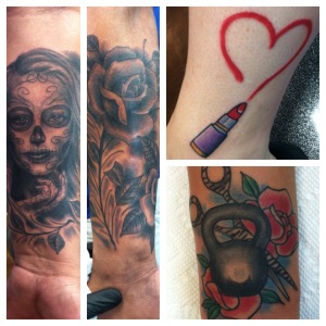 custom black and grey day of the dead girl arm tattoo, traditional lipstick and heart ankle tattoo, shears and kettle bell wrist tattoo by david meek fast lane tattoo tucson arizona