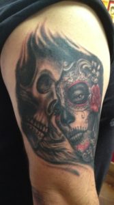 Realistic_Black_and_Grey_Dia_De_Los_Muertos_Day_of_the_Dead_Woman_Girl_With_Skull_Cover_up_Half_sleeve_realism_arm_tattoo_David_Meek_tattoo_Artist_Best_Tucson_Arizona_Fast_Lane_tattoo_shop_Alicante_Barcelona_Spain_Mediterranean