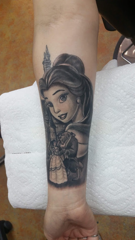 Black and Grey Disneys Belle and Castle from Beauty and the Beast movie arm half sleeve tattoo by David Meek best tattoo artist in tucson