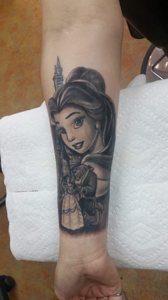 Walt Disneys Beauty and the Beast Black and Grey Arm Tattoo by David Meek in Tucson Arizona