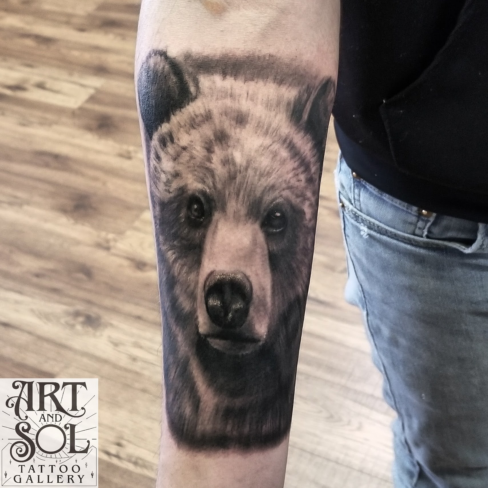 David Meek Black and grey realistic bear portrait best tucson tattoo artist  best tucson tattoo shop art gallery - David Meek Tattoos