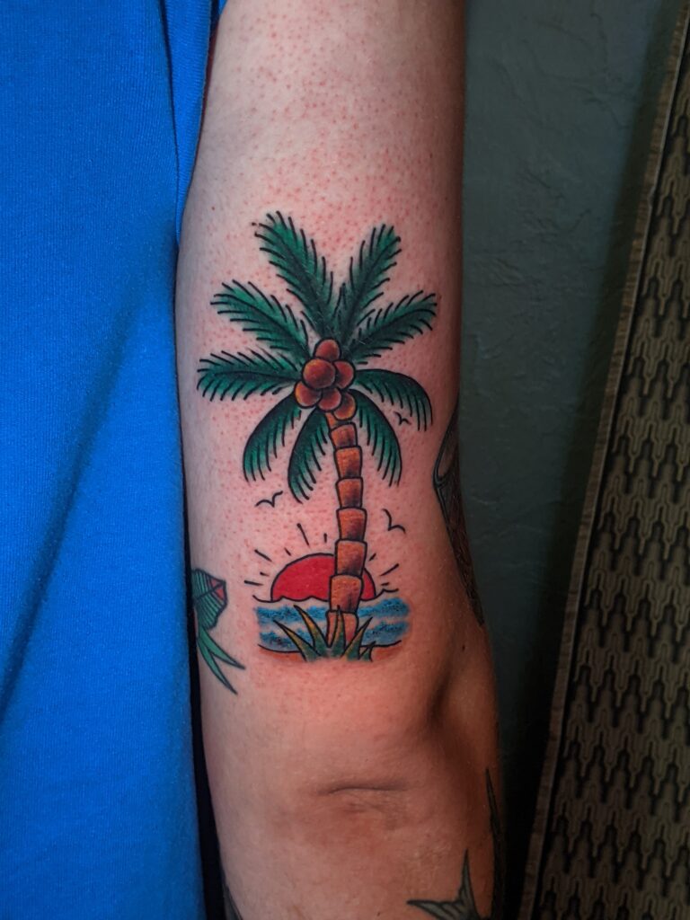 American Traditional Palm Tree Tattoo By David Meek of Art and Sol Tattoo in Tucson Arizona